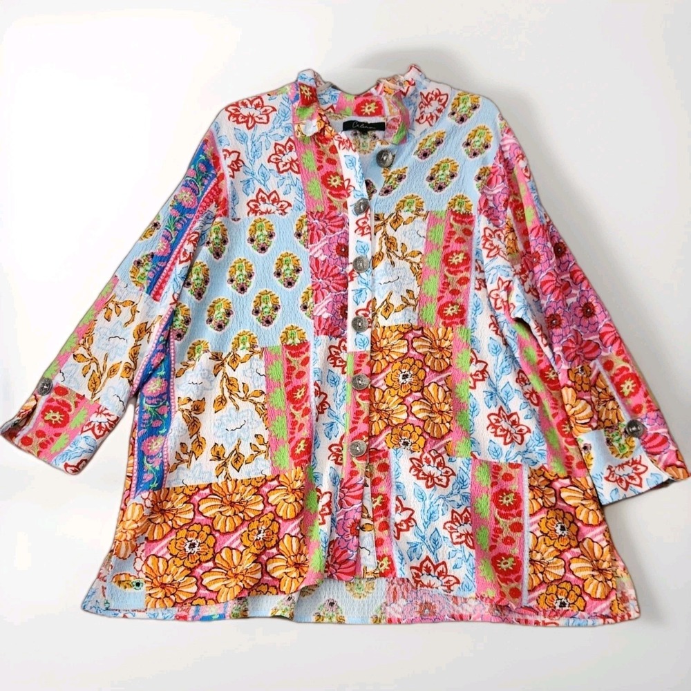 Calessa Crinkle Woven Button Front 3/4 Sleeve Artsy Colorful Boho Top 2X NWT